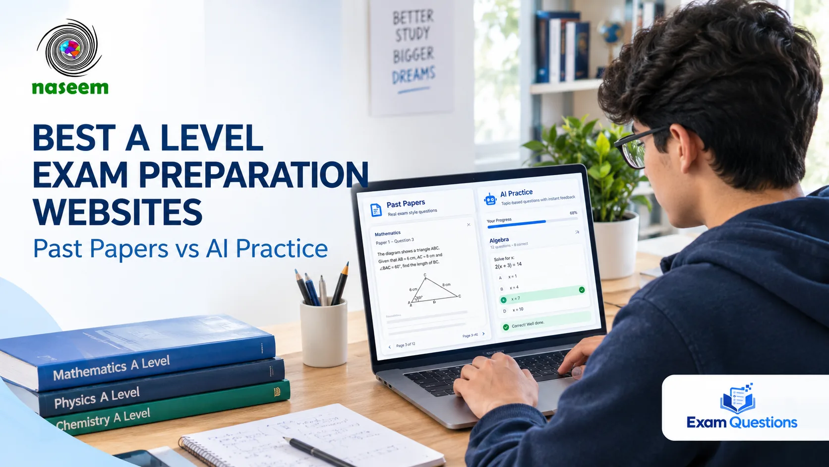 A Level student comparing past papers and AI-assisted exam practice tools on a laptop, with Naseem Education and Exam Questions branding.