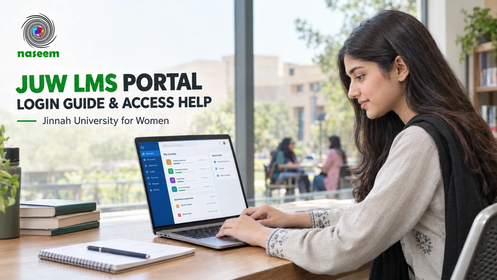 JUW LMS portal login guide featuring a university student using a laptop for online learning, with Naseem Education branding.